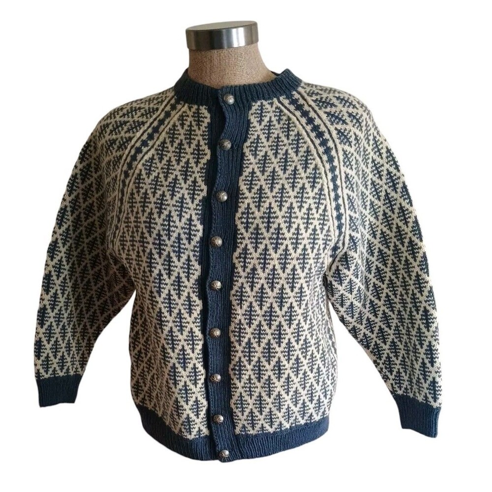Vintage Denmark Hand Knit Wool Sweater Unisex Sz Sm-Med Blue/Cream